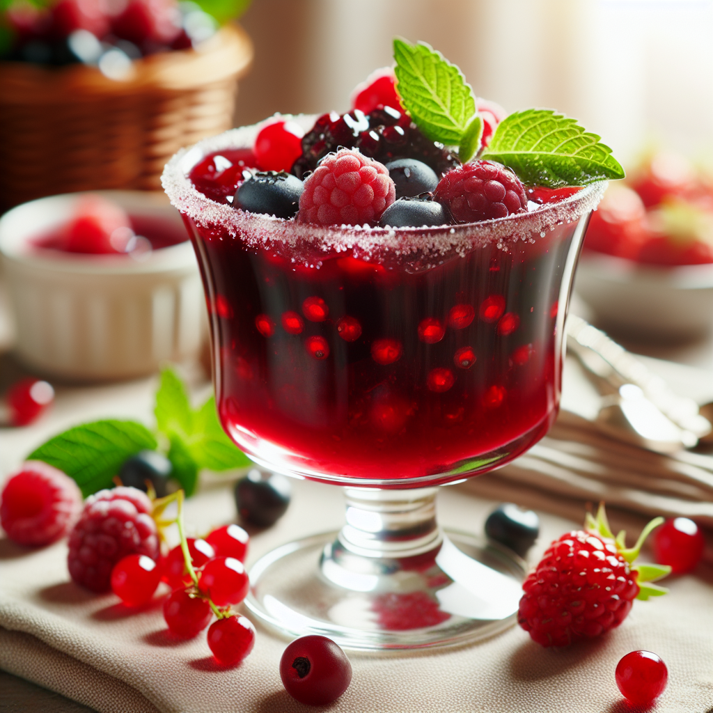Ein Glas mit roter Grütze, verziert mit frischen Beeren und einem Hauch Zucker. Ein köstliches Dessert, das Tradition und Genuss perfekt vereint.