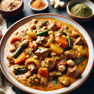 Ein Teller mit Domoda, einem köstlichen gambischen Erdnusseintopf. Zarte Fleischstücke und Gemüse in einer cremigen Erdnusssauce, gewürzt mit exotischen Aromen. Authentisch und herzhaft wohltuend - eine kulinarische Reise nach Westafrika für deinen Gaumen! 🇬🇲🥜🍲 #gambia #domoda #erdnusssauce #exotischeküche