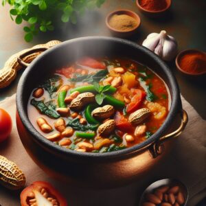 Ein dampfender Topf mit einer reichhaltigen Erdnusssuppe, garniert mit frischem Gemüse und duftenden Gewürzen. Die perfekte Mischung aus Herzhaftigkeit und Exotik, die den Gaumen verwöhnt und die Sinne verzaubert. Ein kulinarisches Abenteuer in die traditionelle Küche Sierra Leones - ein Genuss für alle Sinne!