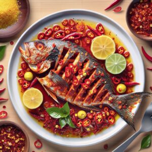 Ein Teller mit Fihunu Mas, dem Nationalgericht der Malediven: saftig gegrillter Fisch mit einer würzigen Marinade aus frischen Chilis, Zitronensaft und landestypischen Gewürzen. Die intensiven Aromen und die einfache Zubereitung bringen ein Stück maledivisches Flair in deine Küche.