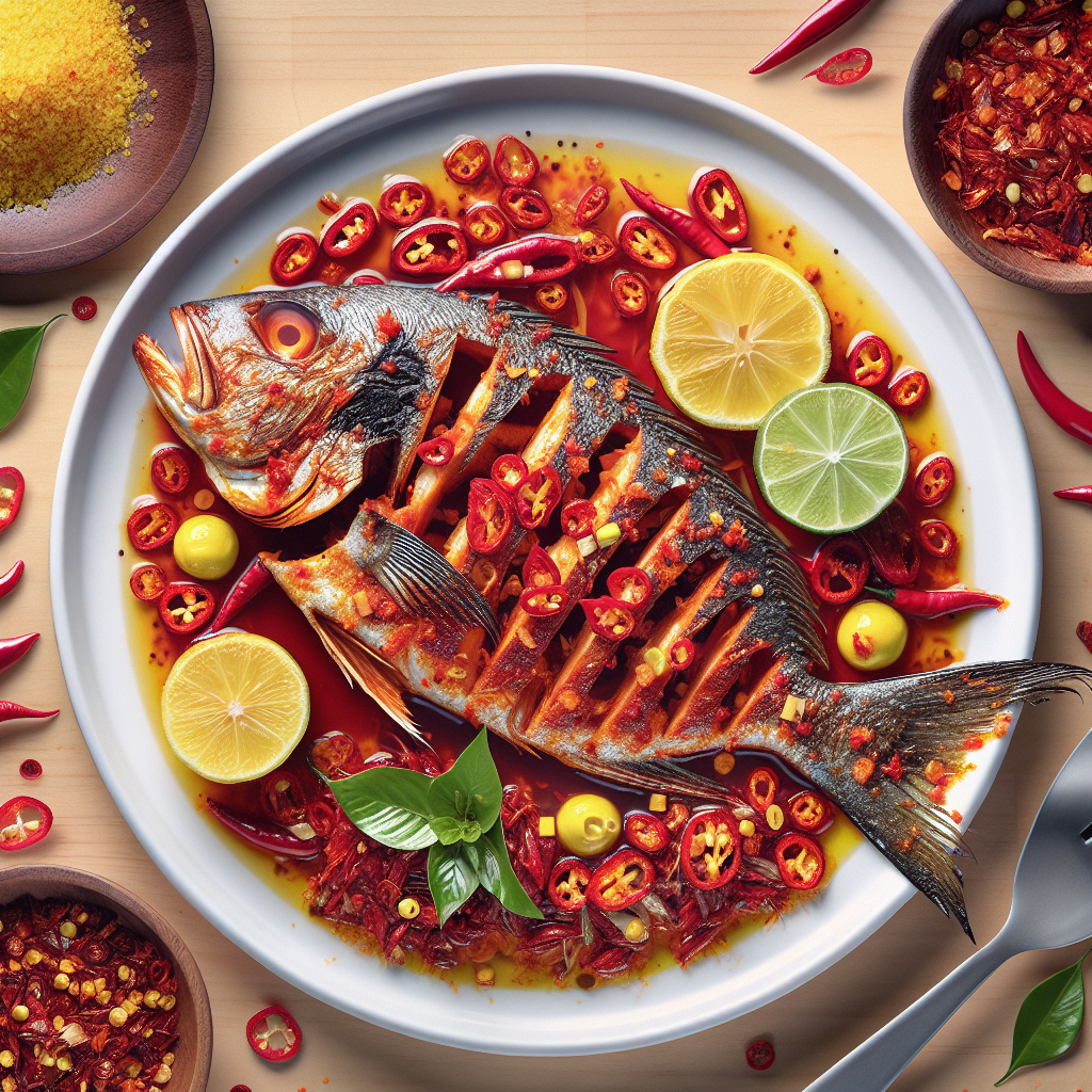 Ein Teller mit Fihunu Mas, dem Nationalgericht der Malediven: saftig gegrillter Fisch mit einer würzigen Marinade aus frischen Chilis, Zitronensaft und landestypischen Gewürzen. Die intensiven Aromen und die einfache Zubereitung bringen ein Stück maledivisches Flair in deine Küche.