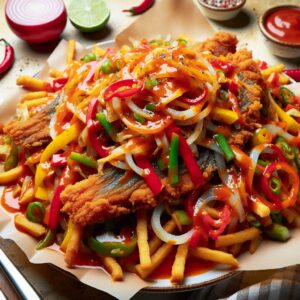 Ein Teller mit knusprig gebratenem Fisch, der mit einer würzigen Sauce und bunten Gemüsestreifen bedeckt ist. Ein Hauch von Karibik in jedem Bissen!