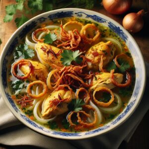 Ein dampfender Teller voller Saoto-Hühnersuppe, garniert mit frischen Kräutern und knusprigen Zwiebeln. Die goldenen Hühnerfleischstücke schwimmen in einer klaren Brühe, die von exotischen Gewürzen durchdrungen ist. Ein Hauch von Suriname in jeder köstlichen Schüssel - ein wahrhaft unvergessliches Geschmackserlebnis!