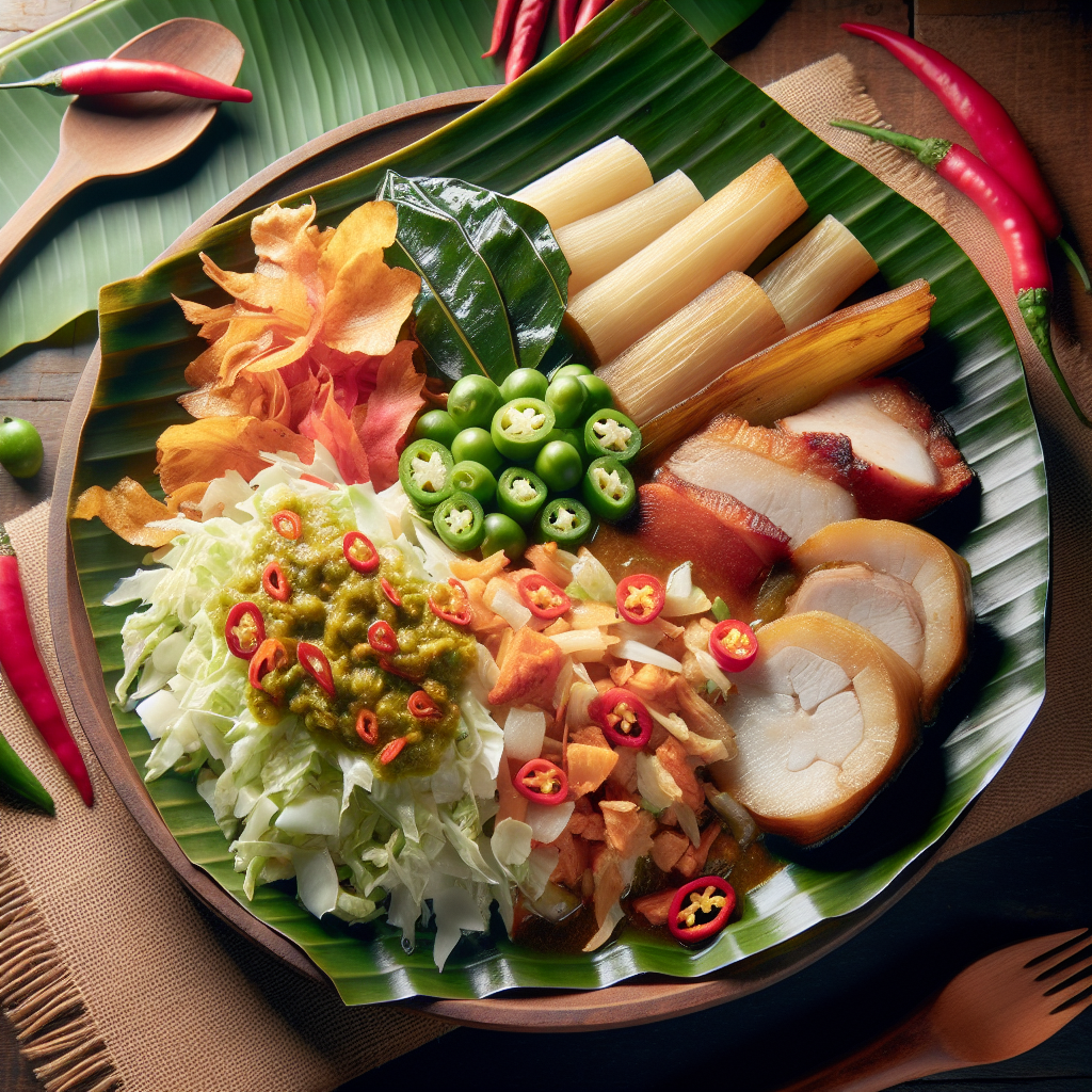 Ein traditionelles nicaraguanisches Gericht namens Vigorón, serviert auf einem Bananenblatt. Es besteht aus frischem Yuca-Wurzelgemüse, saftigem Schweinefleisch und einem knackigen Kohlsalat mit pikanten Chilis. Ein kulinarischer Schatz der nicaraguanischen Küche, der Sie in die faszinierende Welt Mittelamerikas entführt. Probieren Sie Vigorón und genießen Sie ein Stück Authentizität!