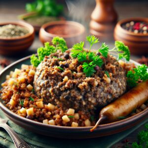 Ein Teller mit dampfendem Haggis, einem herzhaften schottischen Nationalgericht, garniert mit frischen Kräutern. Die Mischung aus Innereien, Haferflocken und Gewürzen ist deutlich erkennbar und verspricht ein unverwechselbares Aroma. Ein authentischer Genuss für Liebhaber der schottischen Küche!