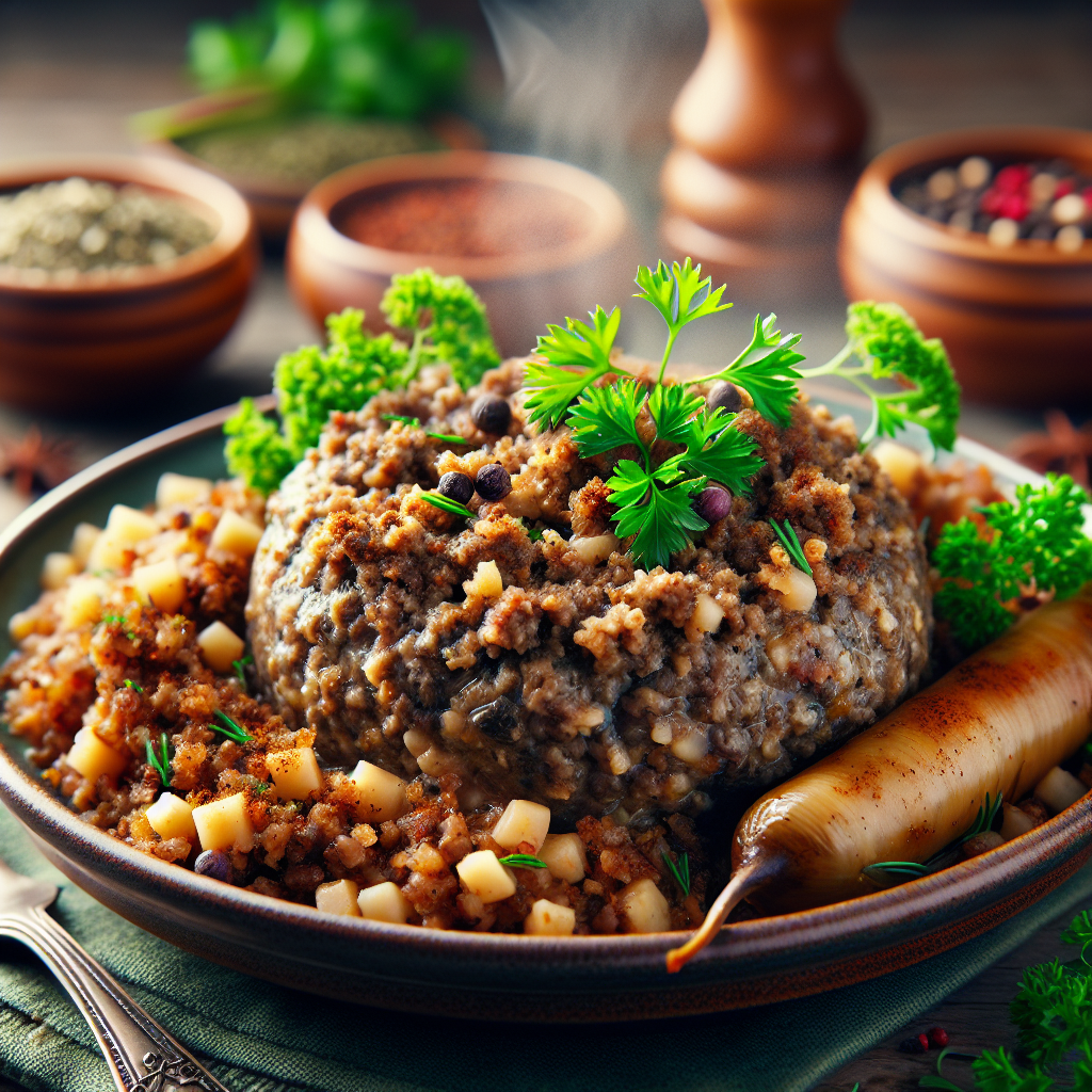 Ein Teller mit dampfendem Haggis, einem herzhaften schottischen Nationalgericht, garniert mit frischen Kräutern. Die Mischung aus Innereien, Haferflocken und Gewürzen ist deutlich erkennbar und verspricht ein unverwechselbares Aroma. Ein authentischer Genuss für Liebhaber der schottischen Küche!