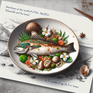 Ein kunstvoll angerichtetes Gericht aus Königskabeljau, garniert mit exotischen Gewürzen und frischem Gemüse. Die zarte Textur des Barramundi Cod verspricht einen kulinarischen Genuss, der an die Schönheit der Marshallinseln erinnert. Tauchen Sie ein in die Welt der Inselküche und lassen Sie sich von diesem delikaten Gericht verzaubern. Ein Hauch von Pazifik für zu Hause!