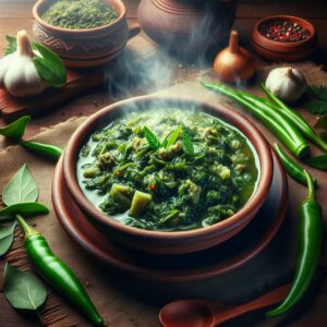 Ein Teller mit dampfendem Molokhia, einem traditionellen sudanesischen Gericht, das die authentische Küche Afrikas repräsentiert. Die grüne Blattgemüsesuppe ist reich an Geschmack und Aromen und lädt zu einem kulinarischen Abenteuer ein. Tauchen Sie ein in die Kultur des Sudan und genießen Sie dieses köstliche Nationalgericht!