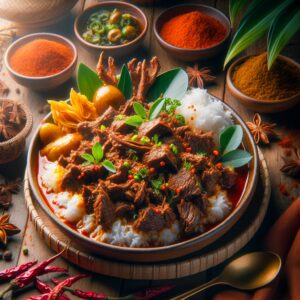 Ein köstlicher Teller mit Rendang, dem herzhaften Nationalgericht Indonesiens. Langsam gekochtes Rindfleisch in Kokosmilch und traditionellen Gewürzen verspricht ein unvergleichliches Geschmackserlebnis. Tauche ein in die exotische Welt der indonesischen Küche!
