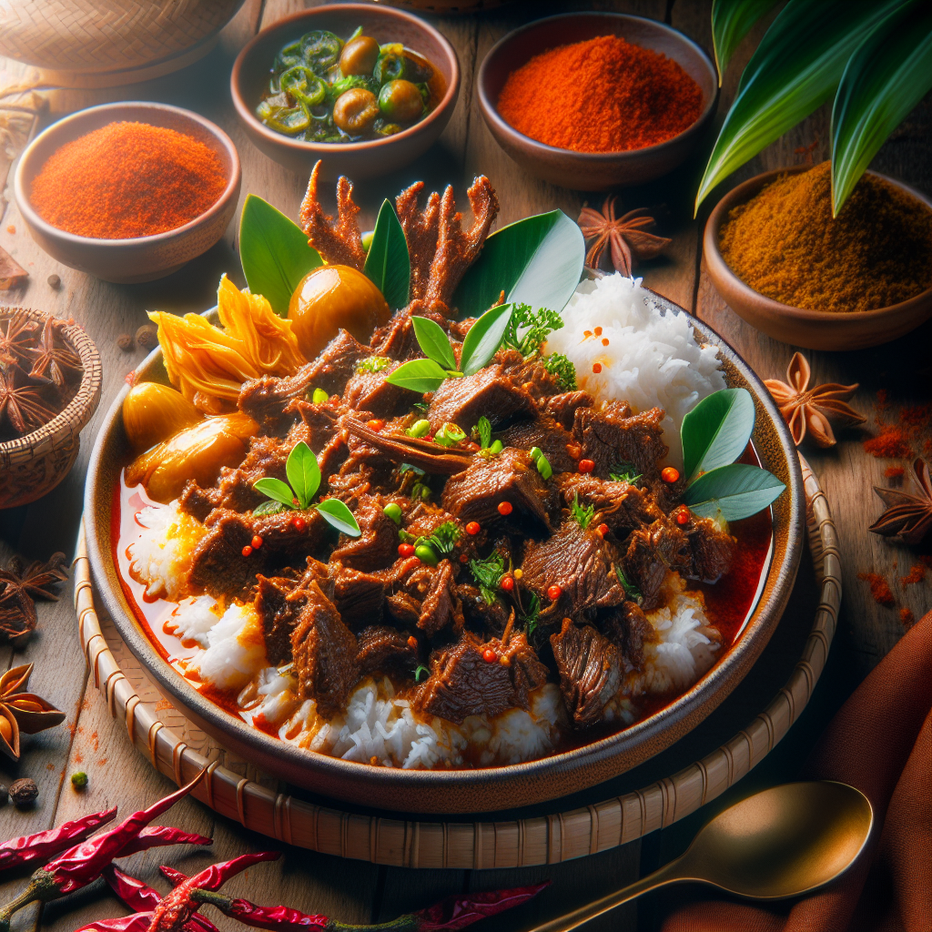 Ein köstlicher Teller mit Rendang, dem herzhaften Nationalgericht Indonesiens. Langsam gekochtes Rindfleisch in Kokosmilch und traditionellen Gewürzen verspricht ein unvergleichliches Geschmackserlebnis. Tauche ein in die exotische Welt der indonesischen Küche!