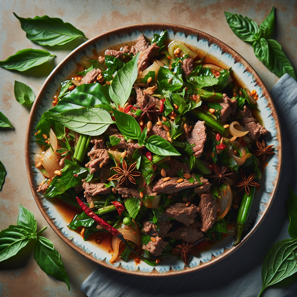 Ein Teller mit Larb, dem aromatischen Nationalgericht aus Laos. Frische Kräuter, zarte Fleischstücke und würzige Aromen entführen dich direkt nach Südostasien. Die geschmackliche Vielfalt der traditionellen Küche von Laos in einem Gaumenschmaus vereint.