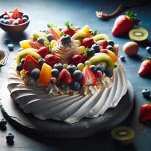Ein kunstvoll dekorierter Pavlova, bestehend aus knusprigem Baiser, zarter Sahne und frischem Obst. Ein verführerisches Dessert, das die Geschmacksknospen verzaubert und ein Stück neuseeländischer Tradition auf den Tisch bringt.