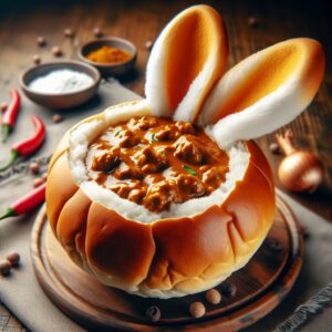 Ein köstliches Bunny Chow, serviert in einer ausgehöhlten Brotschale und mit saftigem Curry gefüllt. Diese südafrikanische Spezialität vereint Tradition und Geschmack auf überraschende Weise und bringt einen Hauch von Exotik direkt auf Ihren Tisch. Ein würziger Leckerbissen, der zum Nachkochen und Genießen einlädt - lassen Sie sich von diesem herzhaften Erlebnis verzaubern!