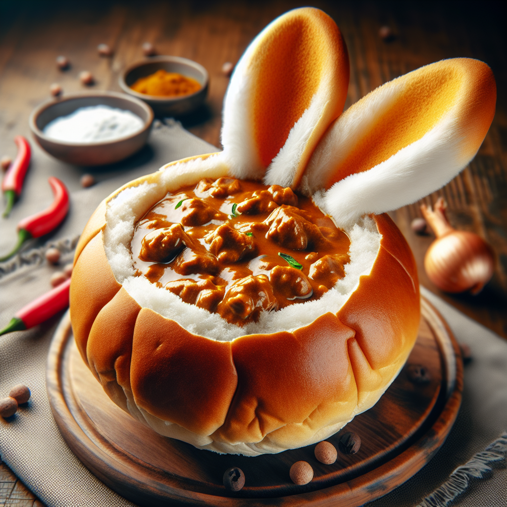 Ein köstliches Bunny Chow, serviert in einer ausgehöhlten Brotschale und mit saftigem Curry gefüllt. Diese südafrikanische Spezialität vereint Tradition und Geschmack auf überraschende Weise und bringt einen Hauch von Exotik direkt auf Ihren Tisch. Ein würziger Leckerbissen, der zum Nachkochen und Genießen einlädt - lassen Sie sich von diesem herzhaften Erlebnis verzaubern!