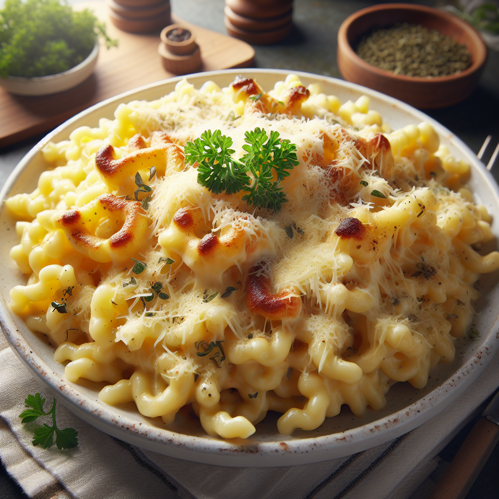 Ein Teller voller hausgemachter Spätzle, mit Käse überbacken und garniert mit frischen Kräutern. Ein herzhafter Genuss, der deutsche Tradition auf den Teller bringt.