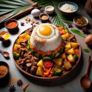 Ein kunstvoll arrangierter Teller mit Bol Renversé, einem köstlichen Nationalgericht von Mauritius. Der Reis, saftiges Fleisch, knackiges Gemüse und ein herzhaftes Ei sind perfekt auf den Kopf gestellt und laden zu einem kulinarischen Abenteuer ein. Tauchen Sie ein in die exotische Vielfalt der Insel und lassen Sie sich von dieser magischen Geschmacksexplosion verführen!