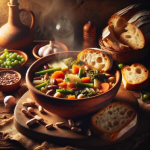 Ein dampfender Teller Ribollita, gefüllt mit Gemüse, Bohnen und altbackenem Brot. Die rustikale Schüssel erzählt eine Geschichte von italienischer Gastfreundschaft und traditioneller Küche. Tauchen Sie ein in die Aromen der Toskana und lassen Sie sich von der Einfachheit und dem Geschmack dieses herzhaften Eintopfs verzaubern. Buon appetito!