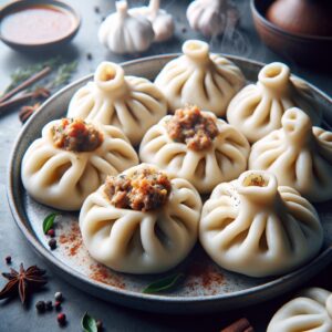 Ein Teller voller dampfender Khinkali, gefüllt mit saftigem Fleisch und aromatischen Gewürzen. Die Teigtaschen sind kunstvoll gefaltet und sehen köstlich aus. Ein Hauch von georgischer Küche in deiner eigenen Küche!