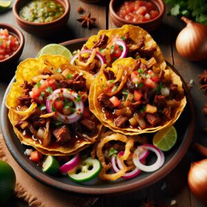 Ein Foto von knusprigen, frischen Tostadas, goldbraun und mit saftigem Fleisch, knackigem Gemüse und spritziger Salsa belegt. Ein Fest für die Sinne!