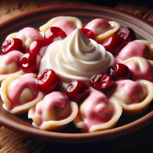 Nationalgericht Ukraine: #Vareniki mit Kirschen und Sahne# (Rezept)