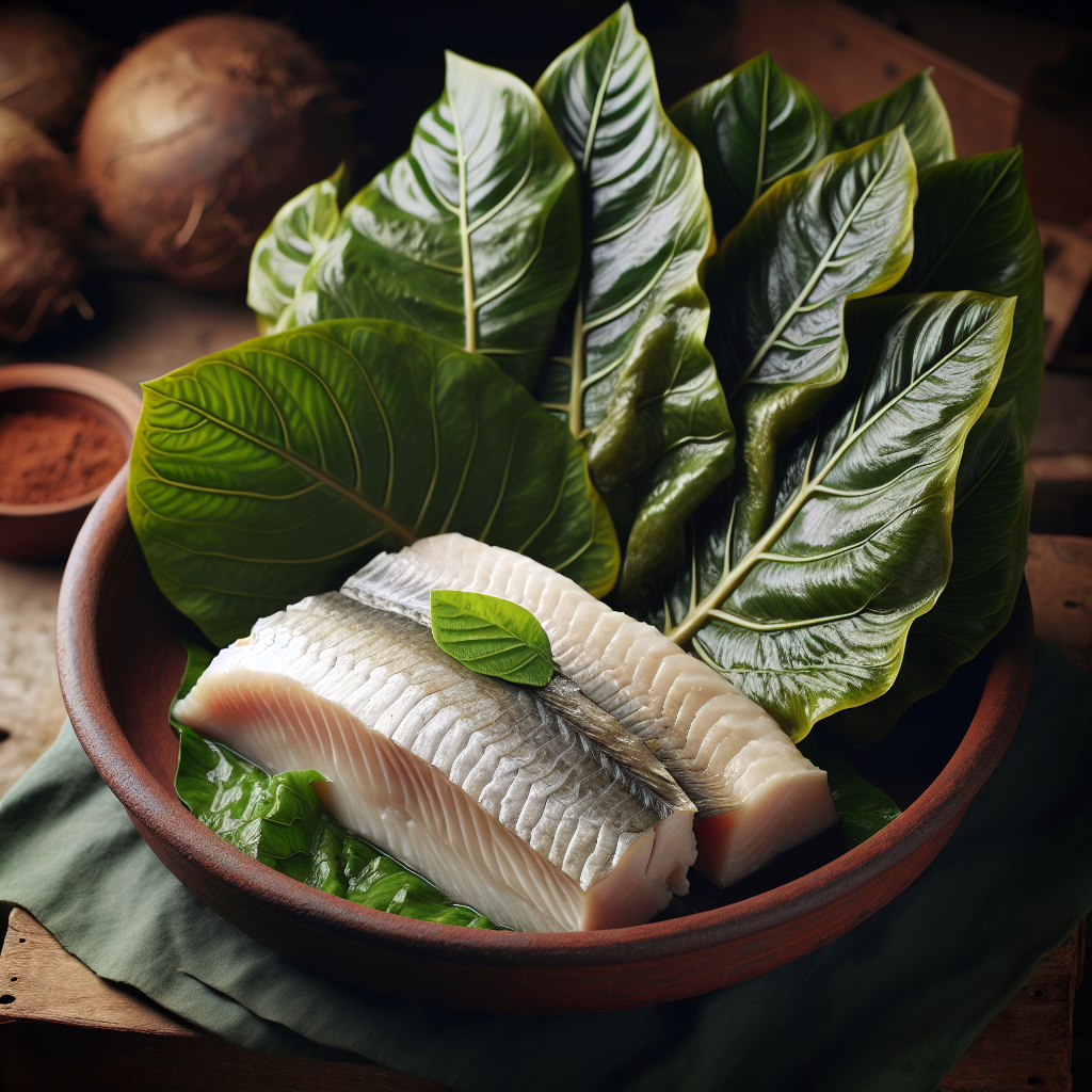 Nationalgericht Tuvalu: #Saltfish with Taro Leaves# (Rezept)
