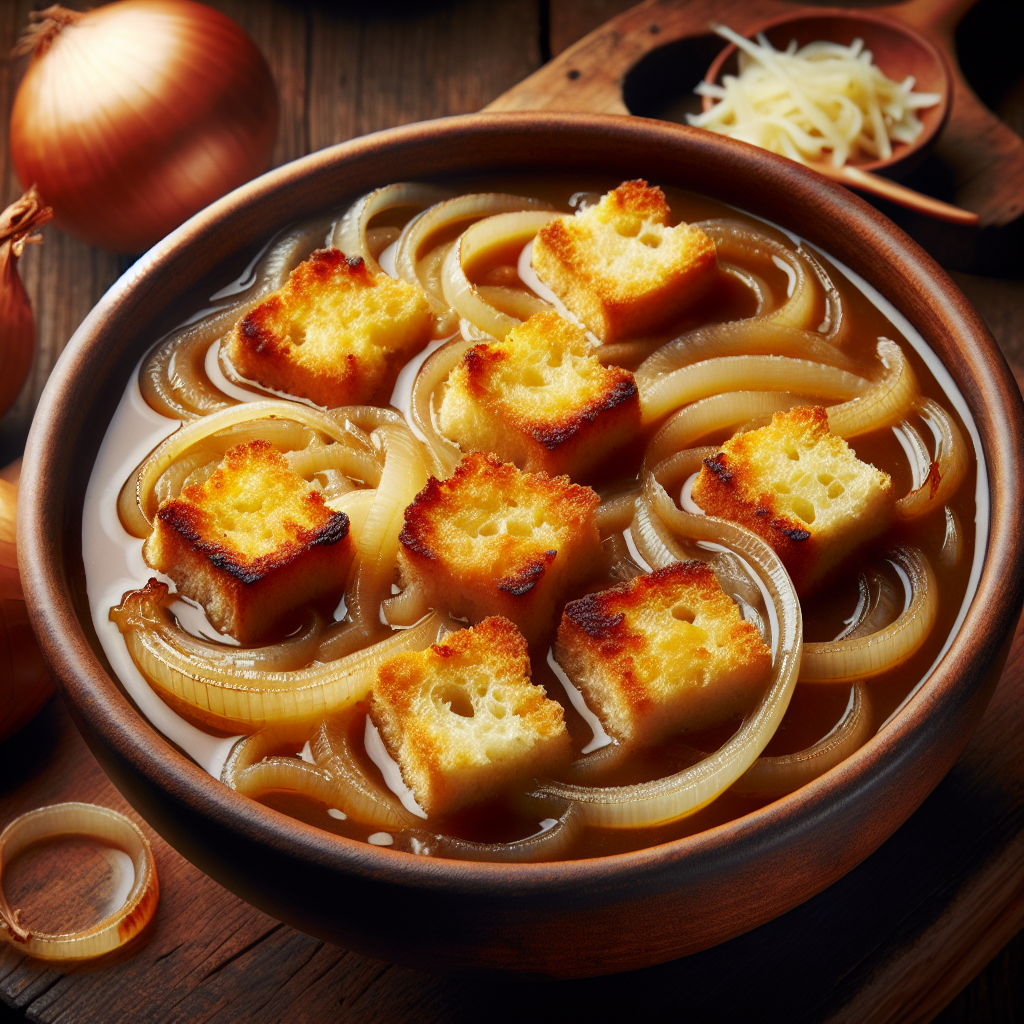 Nationalgericht Österreich: Zwiebelsuppe mit Käsecroutons (Rezept)