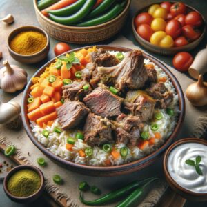 A delicious and colorful rice dish featuring tender chunks of meat, vibrant vegetables, and aromatic spices, artfully arranged and garnished.