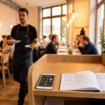 Kellner im Service, Smartphone mit laufendem Anruf und Reservierungsbuch am Empfang eines Restaurants