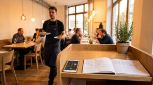 Kellner im Service, Smartphone mit laufendem Anruf und Reservierungsbuch am Empfang eines Restaurants