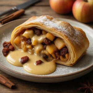 Nationalgericht Deutschland: Apfelstrudel mit Vanillesoße (Rezept)