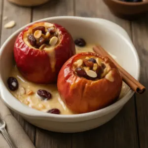 Zwei Bratäpfel mit Marzipan-Rosinen-Füllung und Mandeln in Vanillesauce mit Zimtstange