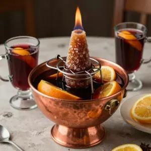 Feuerzangenbowle: brennender Zuckerhut auf der Zange über einem Kupfertopf mit Rotwein und Orangen