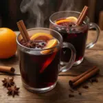 Nationalgericht Deutschland: Glühwein (Rezept) Zwei Glasbecher Glühwein mit Orangenscheiben, Zimtstangen und Sternanis auf einem Holztisch