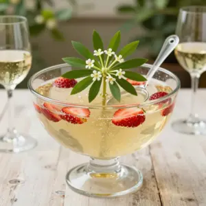 Maibowle in einer Glasschale mit Waldmeister und Erdbeerscheiben, daneben zwei Gläser Weißwein