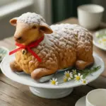 Nationalgericht Deutschland: Osterlamm (Rezept) Gebackenes Osterlamm mit Puderzucker und rotem Band mit Glöckchen auf einer Tortenplatte mit Gänseblümchen
