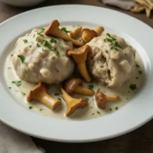 Zwei Semmelknödel mit Pfifferlingen in Rahmsauce und gehackter Petersilie auf einem weißen Teller