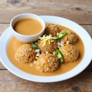 Nationalgericht Ghana: Rice Balls with Groundnut Soup (Rezept)
