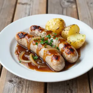 Nationalgericht Schweiz: Kalbsbratwurst mit Zwiebelsauce (Rezept)
